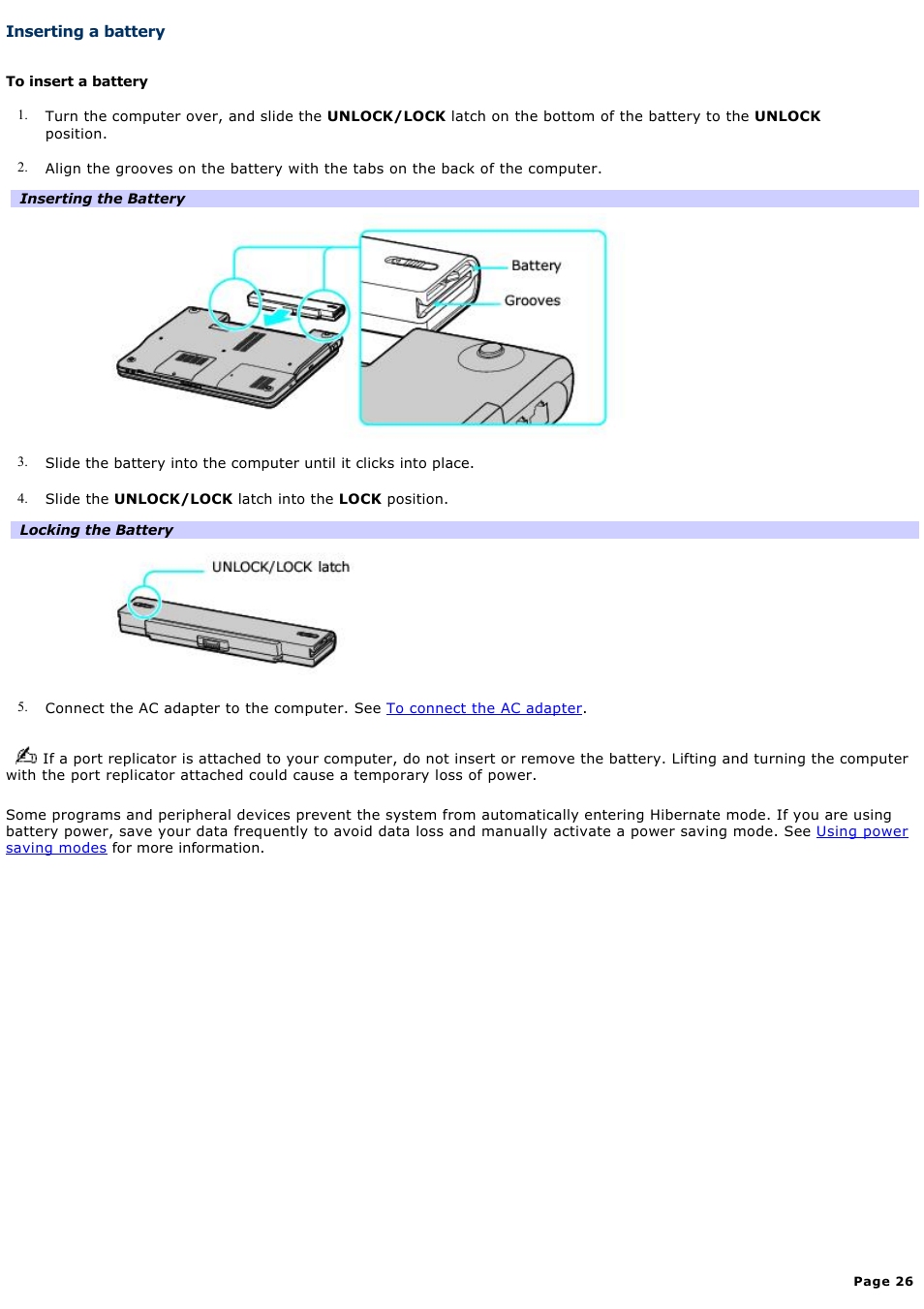 Inserting a battery | Sony VGN-FS550 User Manual | Page 26 / 202