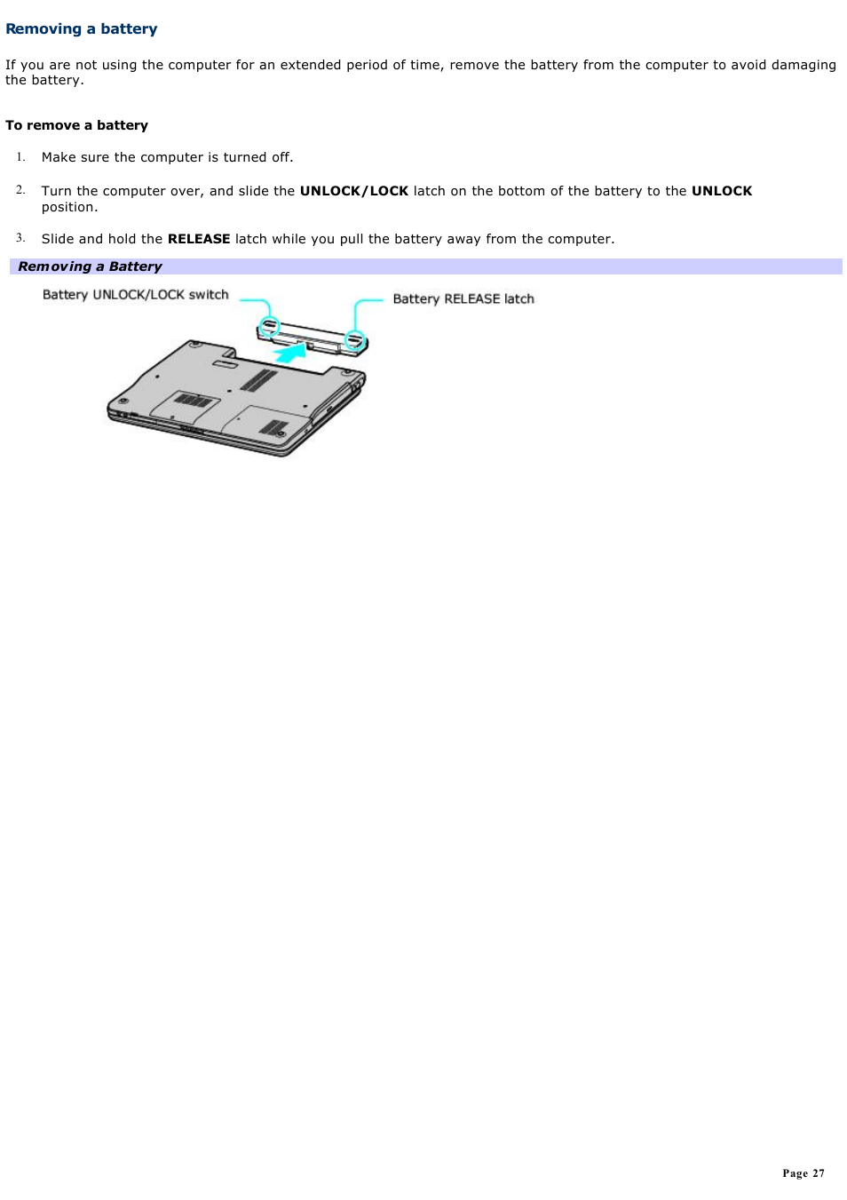 Removing a battery | Sony VGN-FS550 User Manual | Page 27 / 202