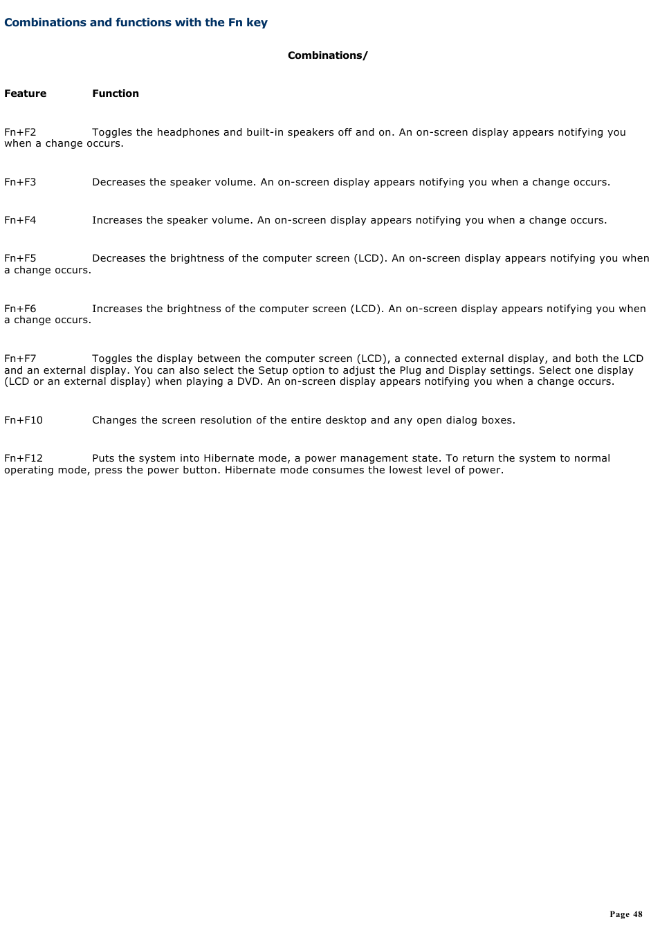 Combinations and functions with the fn key, Combinations and functions, With the fn key | Sony VGN-FS550 User Manual | Page 48 / 202