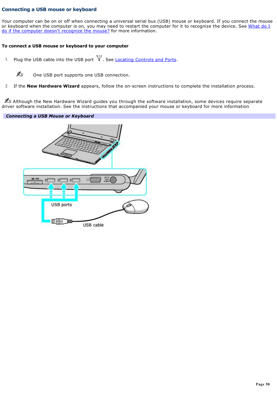 Connecting a usb mouse or keyboard | Sony VGN-FS550 User Manual | Page 50 / 202