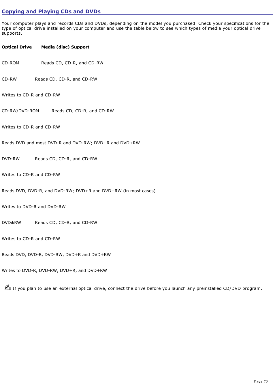 Copying and playing cds and dvds | Sony VGN-FS550 User Manual | Page 73 / 202