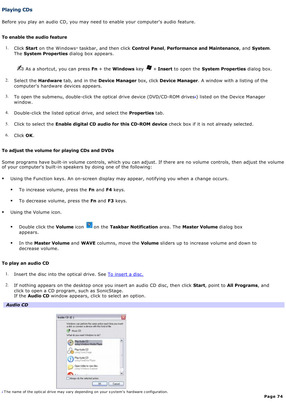 Playing cds | Sony VGN-FS550 User Manual | Page 74 / 202