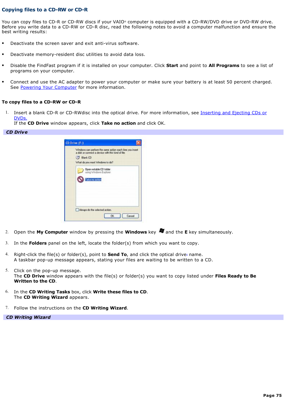 Copying files to a cd-rw or cd-r | Sony VGN-FS550 User Manual | Page 75 / 202