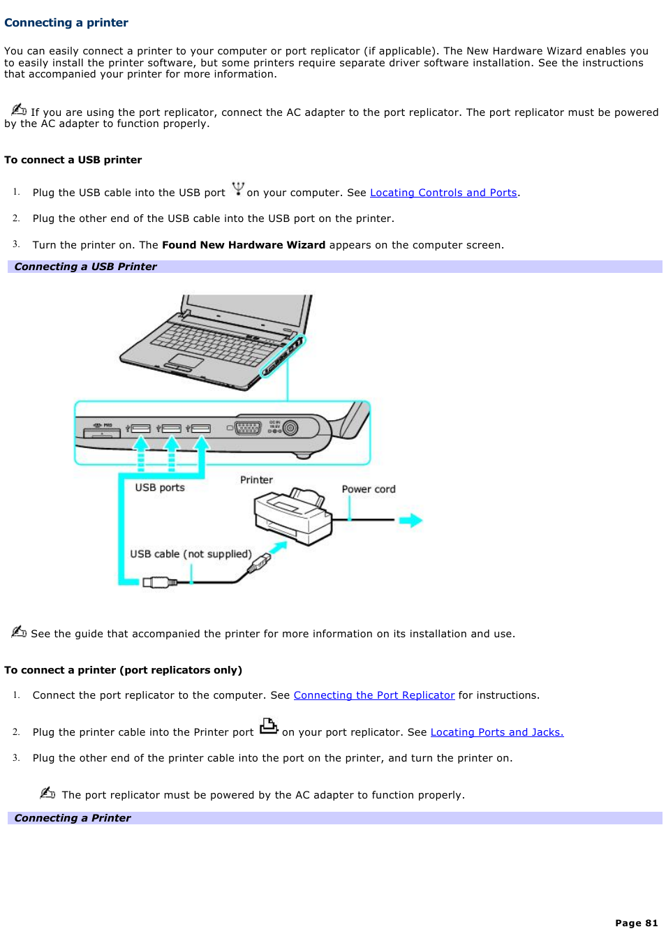 Connecting a printer | Sony VGN-FS550 User Manual | Page 81 / 202