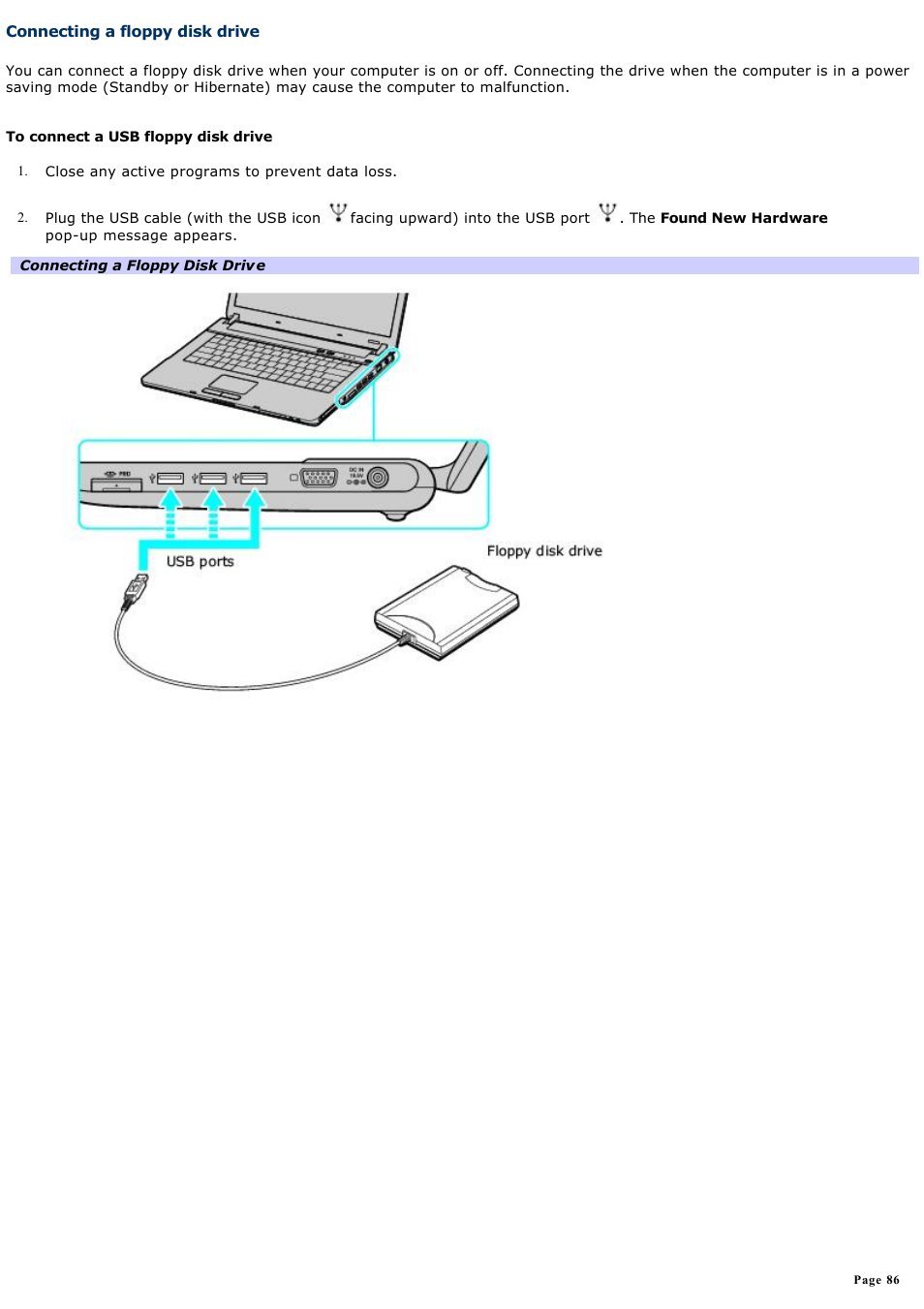 Connecting a floppy disk drive | Sony VGN-FS550 User Manual | Page 86 / 202