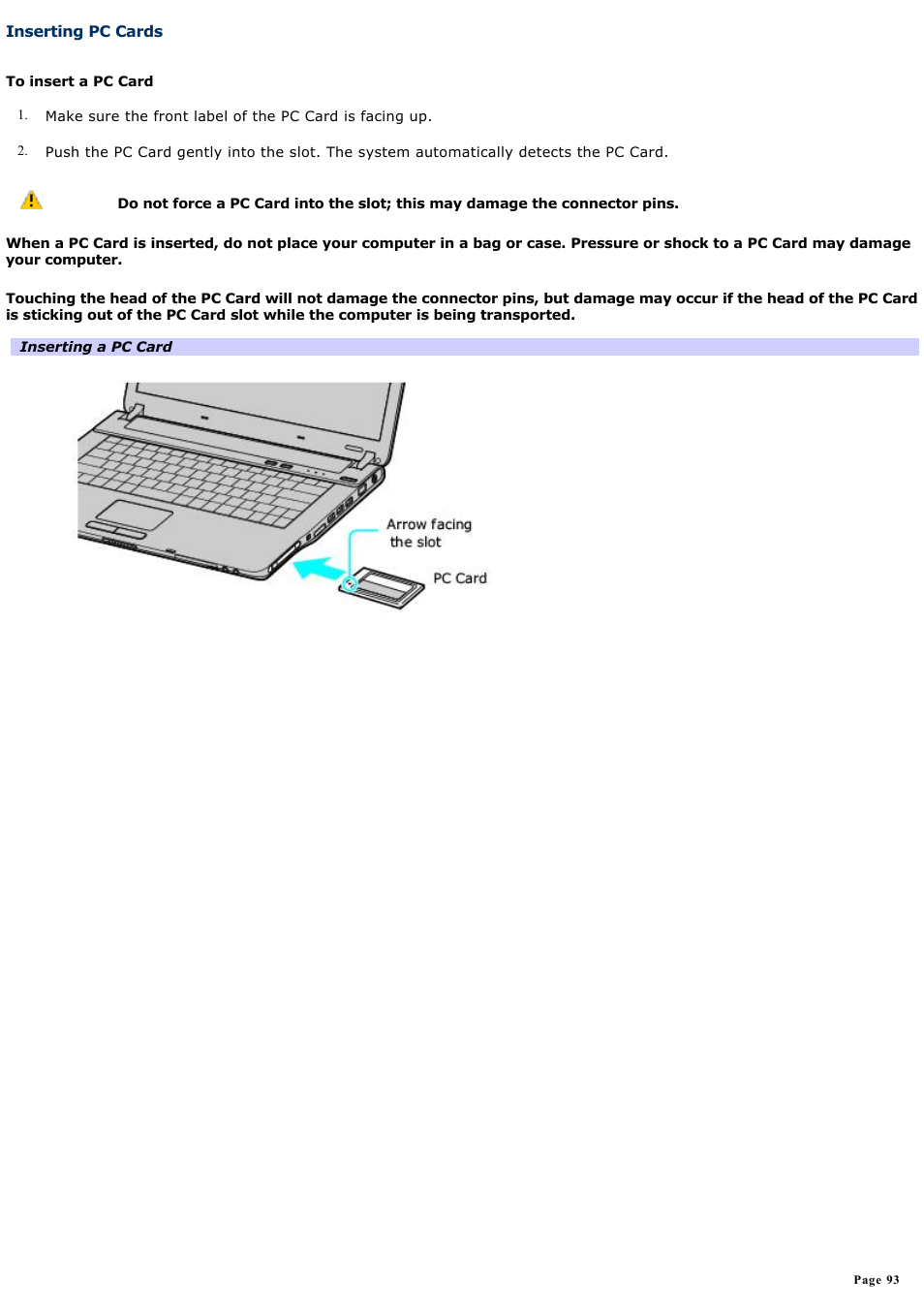 Inserting pc cards | Sony VGN-FS550 User Manual | Page 93 / 202