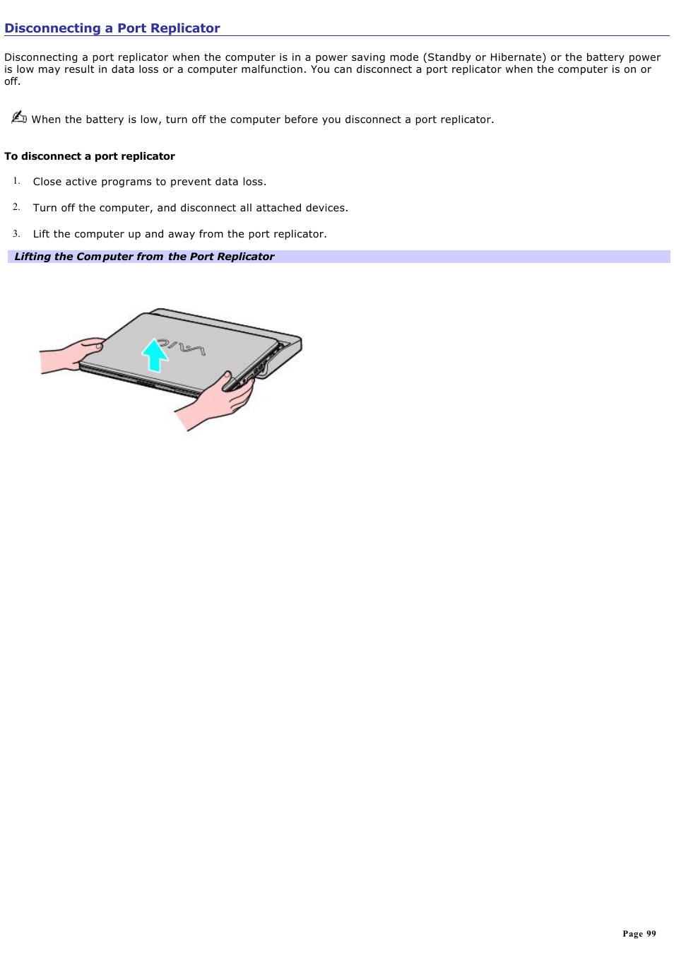 Disconnecting a port replicator | Sony VGN-FS550 User Manual | Page 99 / 202