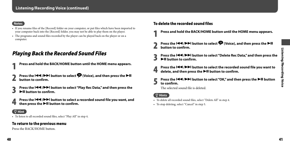 Playing back the recorded sound files | Sony NWZ-B133FBLU User Manual | Page 21 / 38