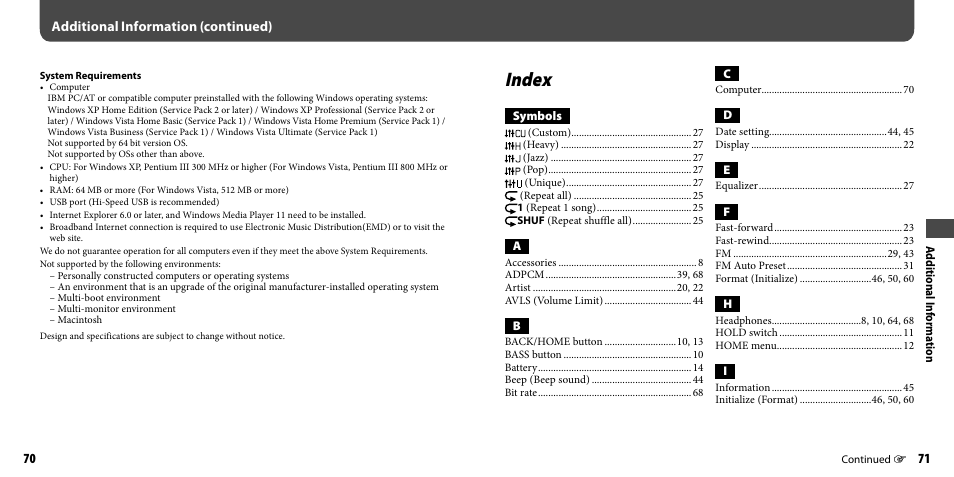 Index, Additional information (continued) | Sony NWZ-B133FBLU User Manual | Page 36 / 38