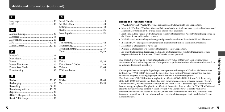 Additional information (continued) | Sony NWZ-B133FBLU User Manual | Page 37 / 38