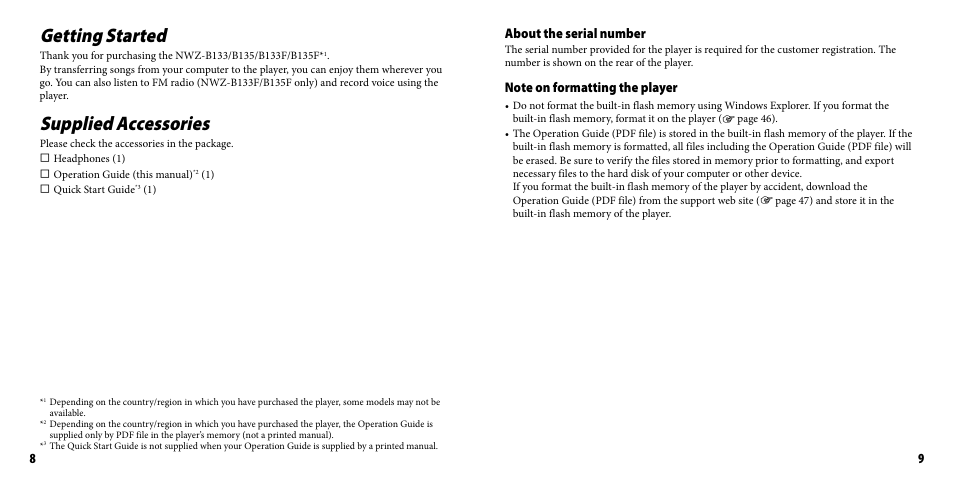 Getting started, Supplied accessories, Getting started supplied accessories | About the serial number | Sony NWZ-B133FBLU User Manual | Page 5 / 38