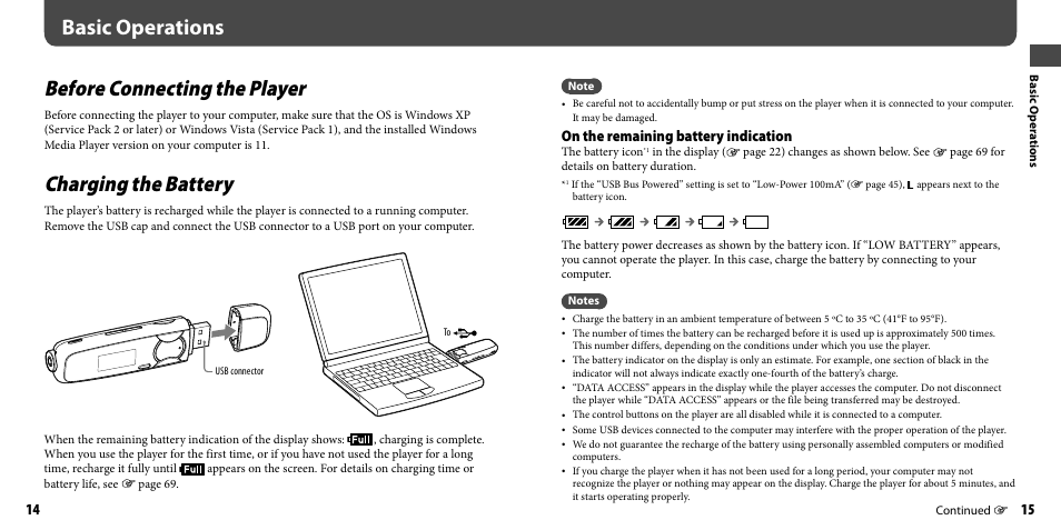 Basic operations, Before connecting the player, Charging the battery | Before connecting the player charging the battery, On the remaining battery indication | Sony NWZ-B133FBLU User Manual | Page 8 / 38