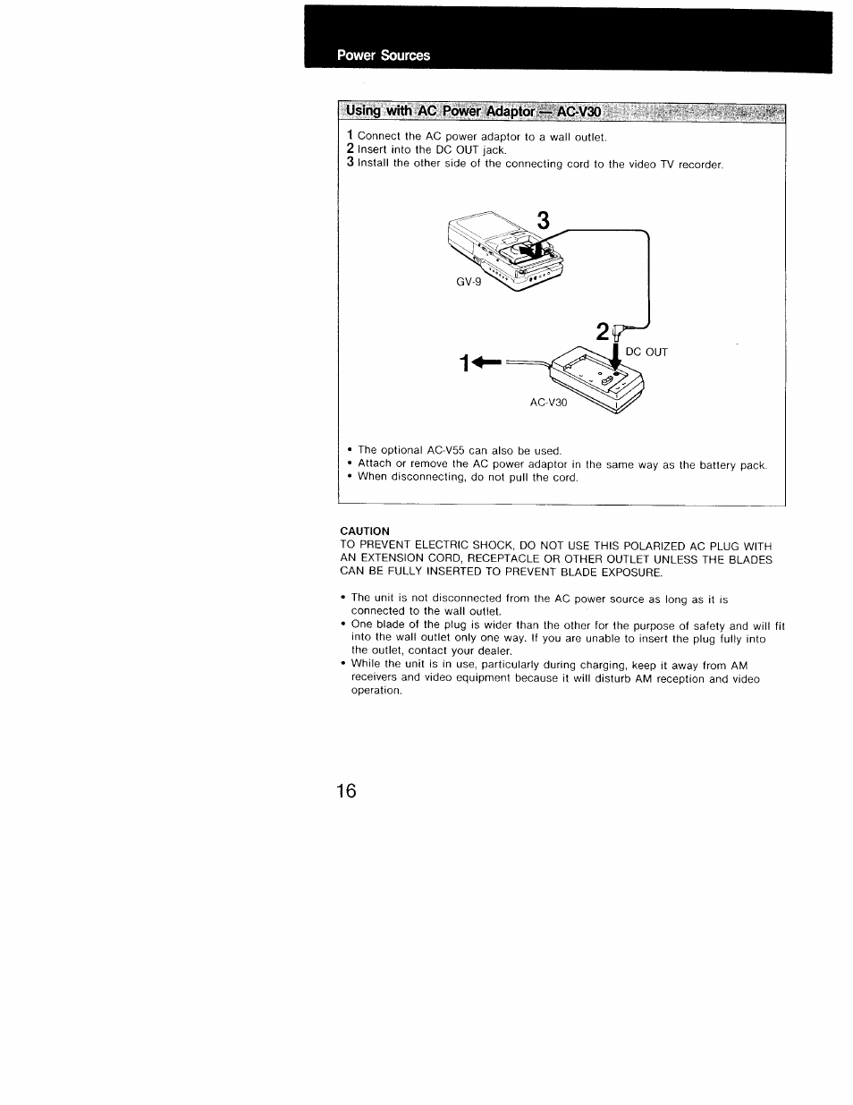 Using with ac power adaptor — ac-v30, Caution | Sony GV-9 User Manual | Page 16 / 60