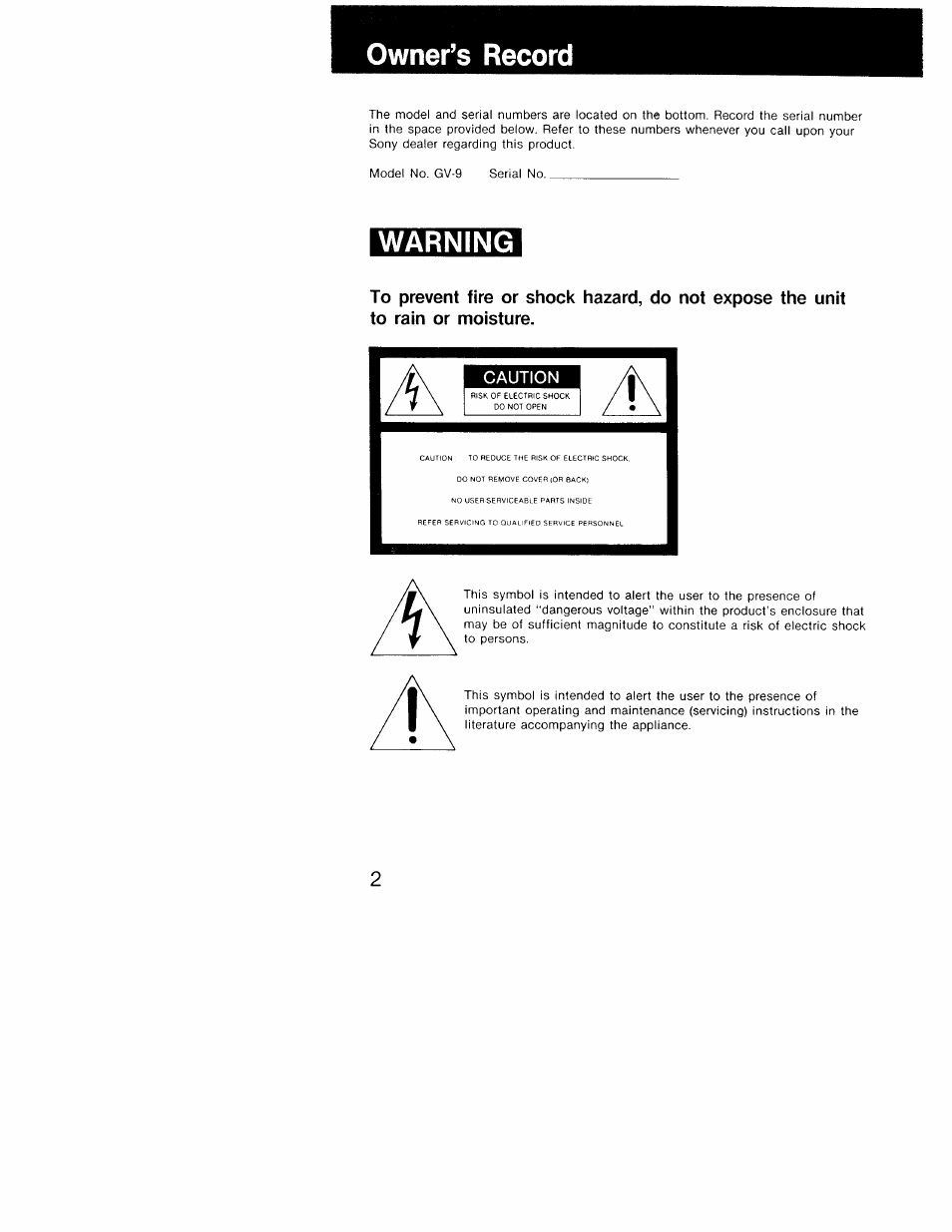 Owner’s record, Warning, Caution | Sony GV-9 User Manual | Page 2 / 60