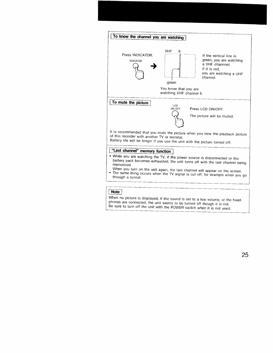 To know the channel you are watching, To mute the picture, Last channel” memory function | Note | Sony GV-9 User Manual | Page 25 / 60