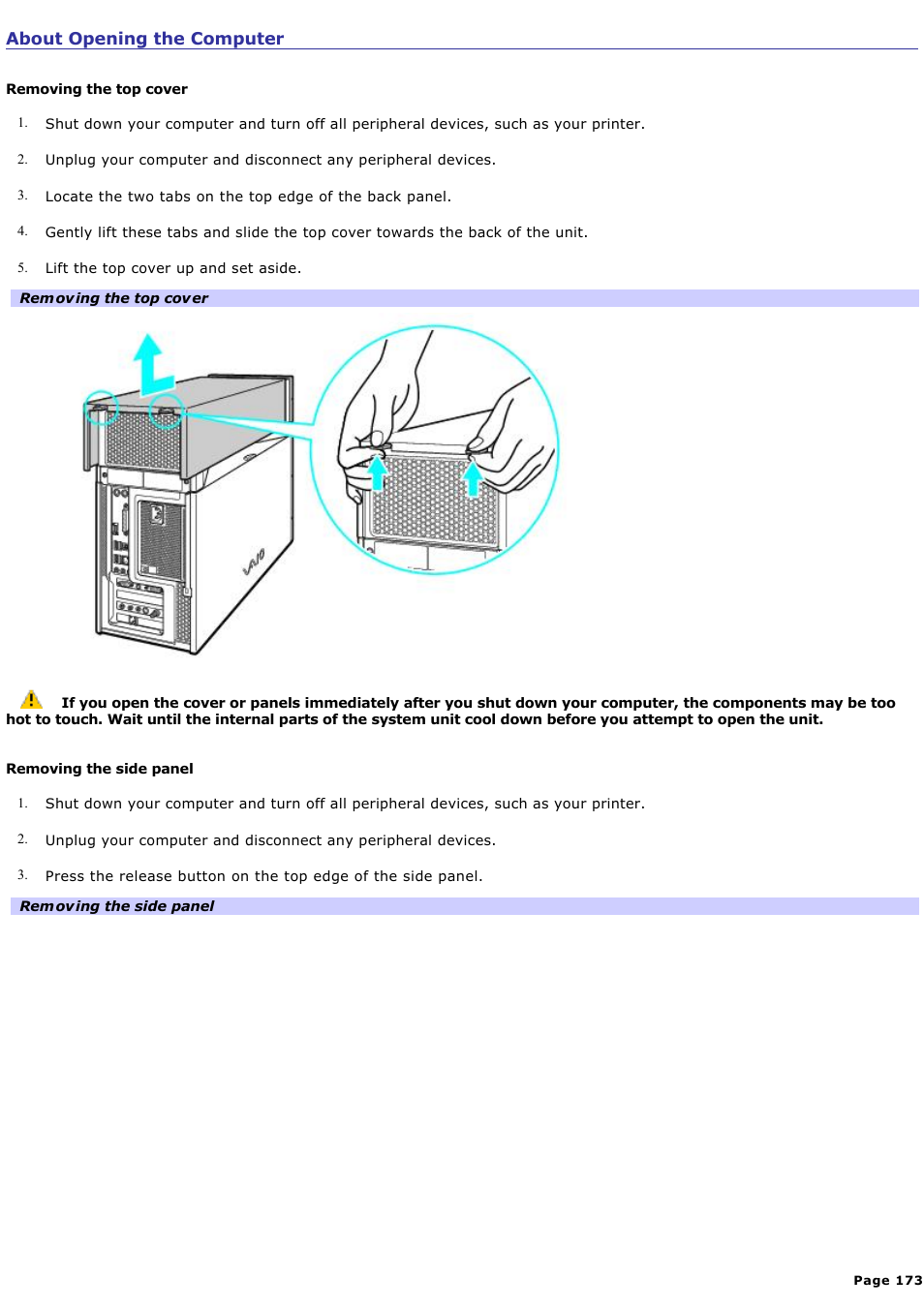 About opening the computer | Sony VGC-RA718G User Manual | Page 173 / 262