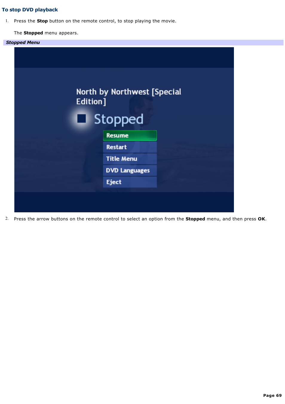 To stop dvd playback | Sony VGC-RA718G User Manual | Page 69 / 262