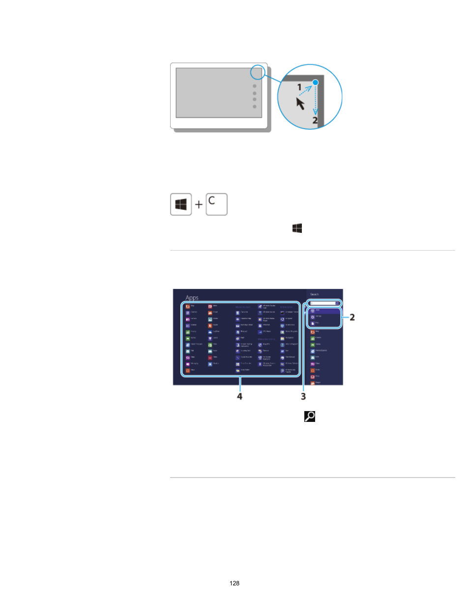Searching/starting apps, files, or settings, Checking currently running apps, Details | Search | Sony SVJ2021BPXW User Manual | Page 128 / 398
