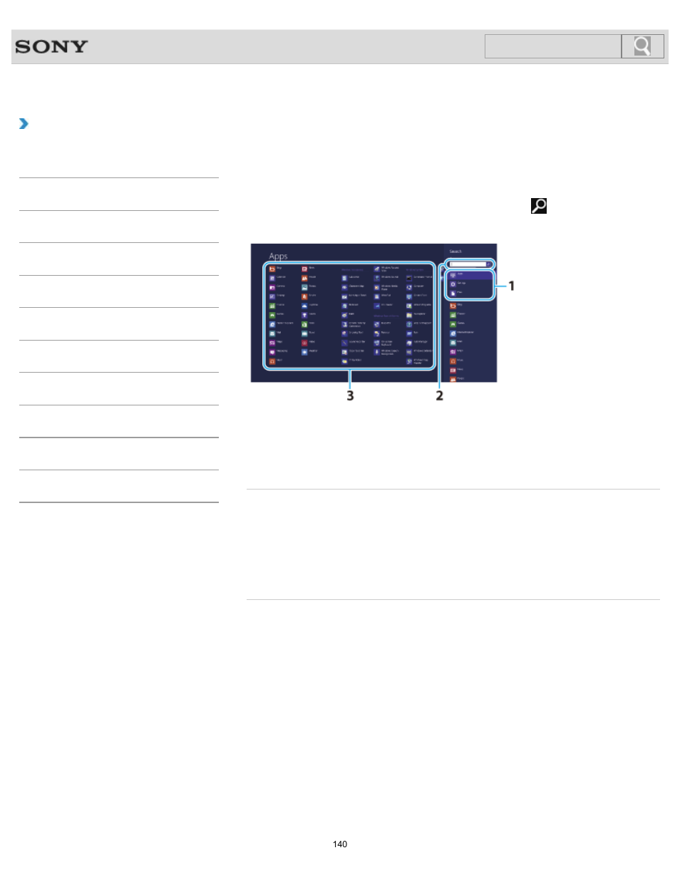 Searching/starting apps, settings, or files, How to use, Search | Sony SVJ2021BPXW User Manual | Page 140 / 398