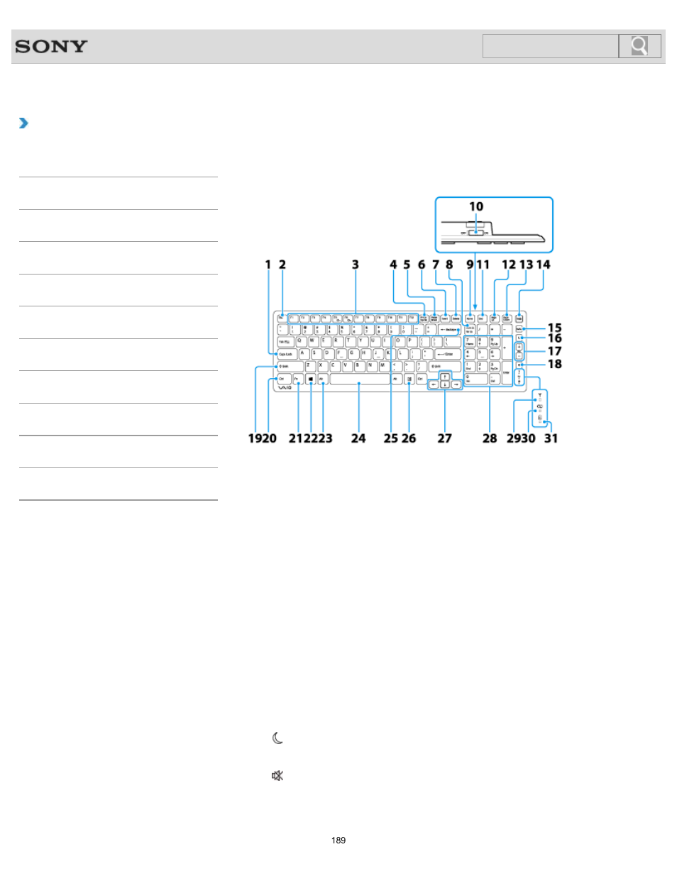 Parts and controls of the keyboard, How to use, Search | Sony SVJ2021BPXW User Manual | Page 189 / 398