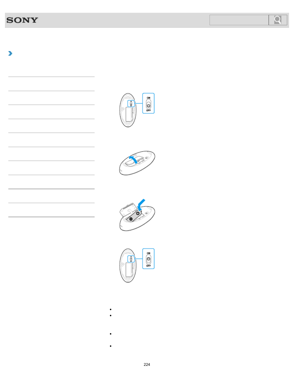 Replacing the aa battery of the mouse, How to use, Search | Sony SVJ2021BPXW User Manual | Page 224 / 398