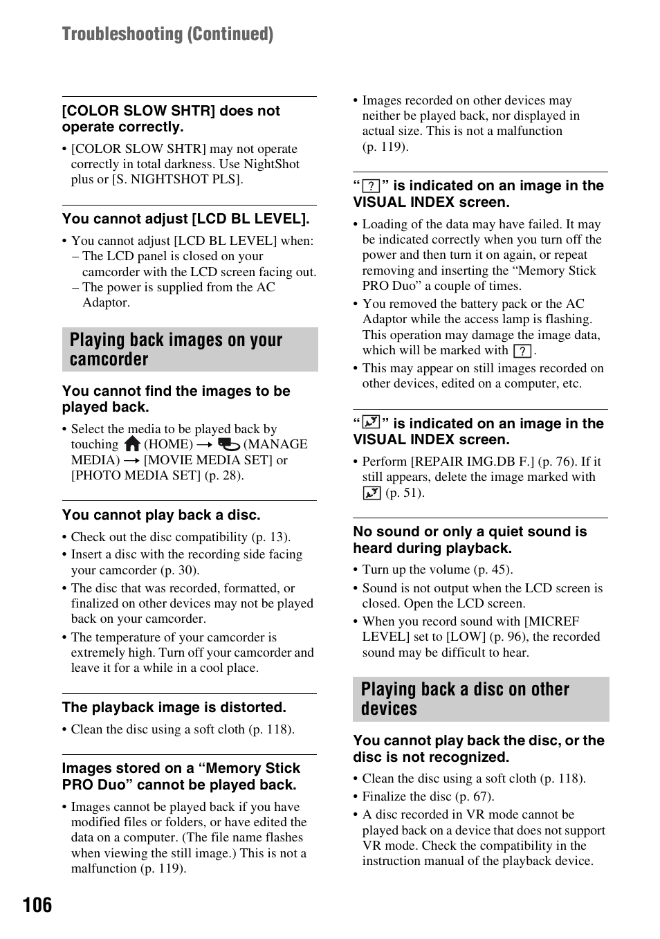 Playing back images on your camcorder, Playing back a disc on other devices, Troubleshooting (continued) | Sony DCR-DVD710 User Manual | Page 106 / 159