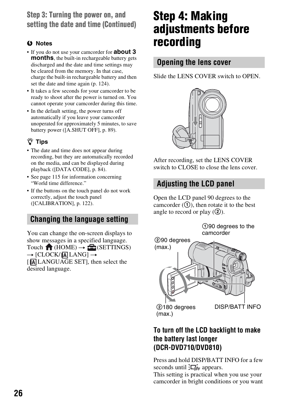 Changing the language setting, Step 4: making adjustments before recording, P. 26 | Step 4: making adjustments before, Recording, Opening the lens cover adjusting the lcd panel | Sony DCR-DVD710 User Manual | Page 26 / 159