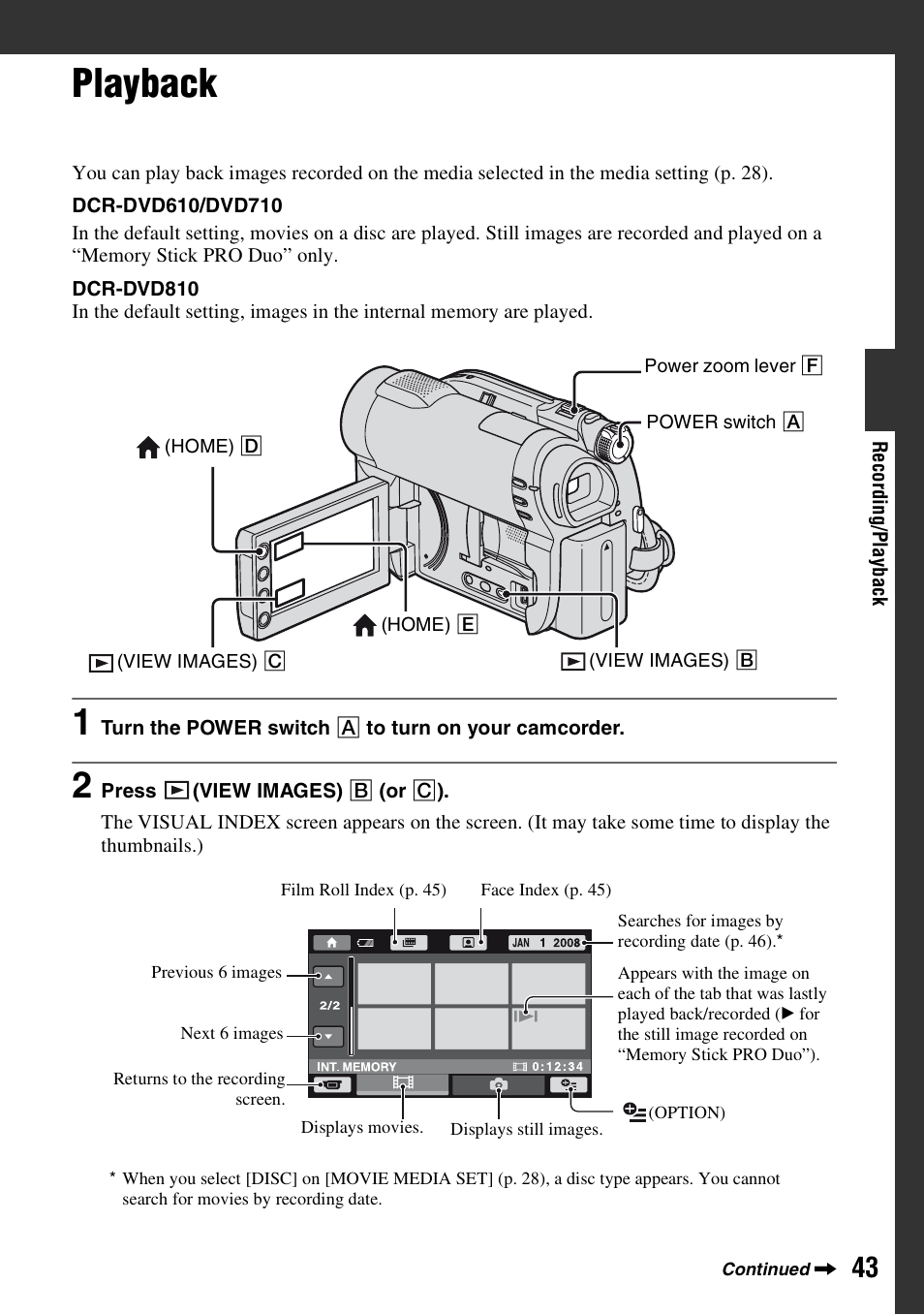 Playback | Sony DCR-DVD710 User Manual | Page 43 / 159