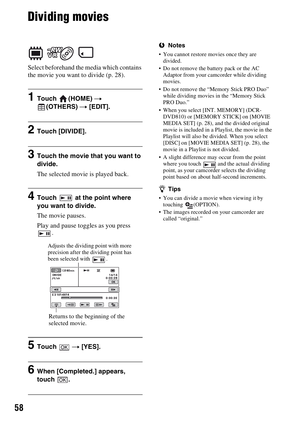 Dividing movies, P. 58 | Sony DCR-DVD710 User Manual | Page 58 / 159