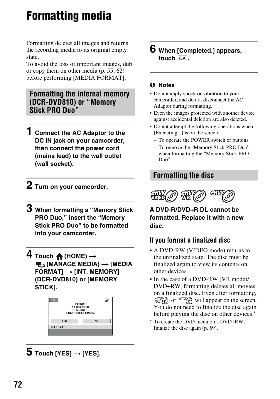 Formatting media, P. 72), Ee “formatting media | P. 72 | Sony DCR-DVD710 User Manual | Page 72 / 159