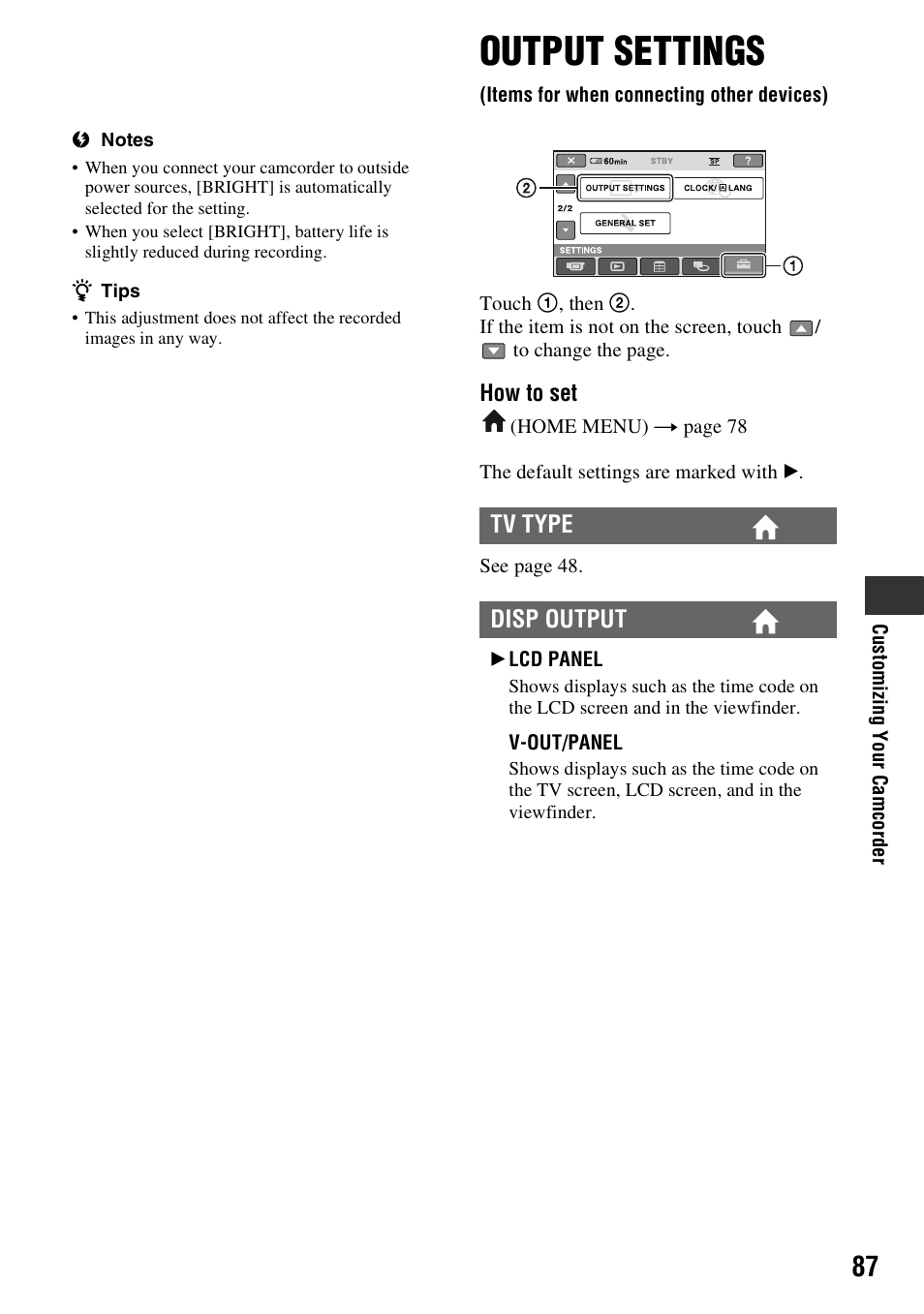 Output settings, Items for when connecting other devices), P. 87) | Sony DCR-DVD710 User Manual | Page 87 / 159