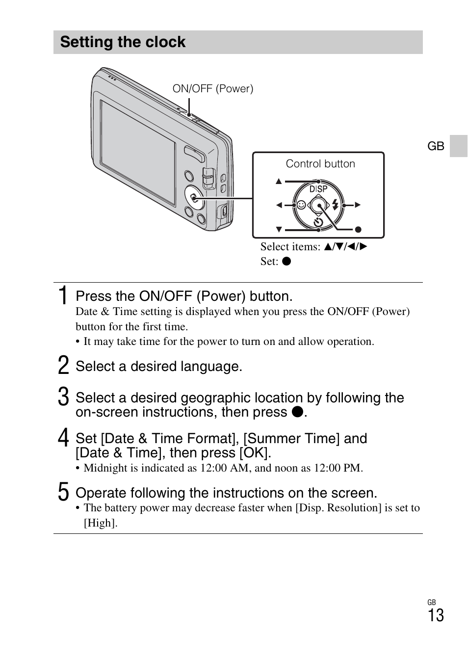 Setting the clock | Sony DSC-W620 User Manual | Page 13 / 48