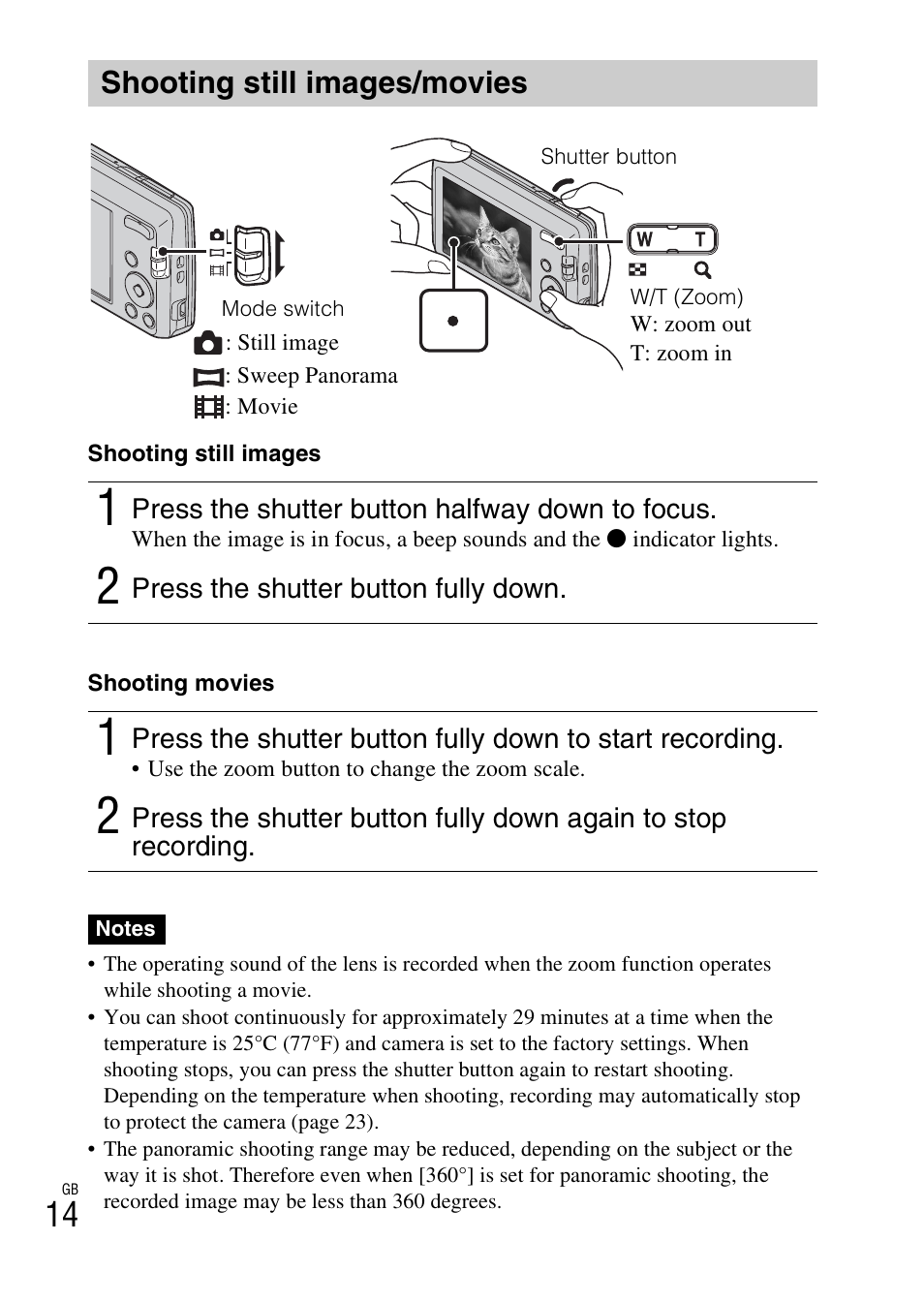 Shooting still images/movies | Sony DSC-W620 User Manual | Page 14 / 48