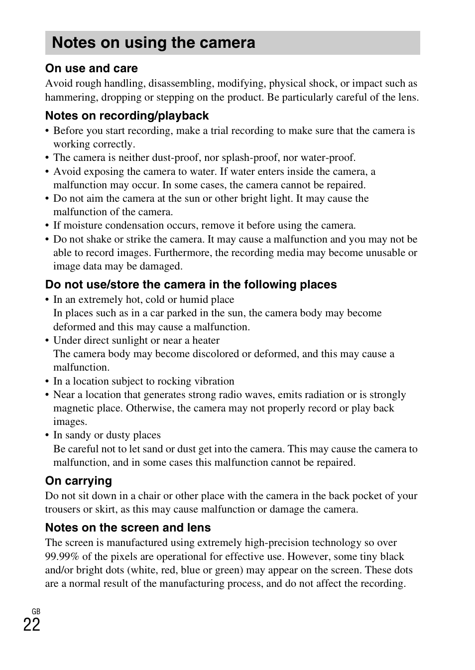 Notes on using the camera | Sony DSC-W620 User Manual | Page 22 / 48