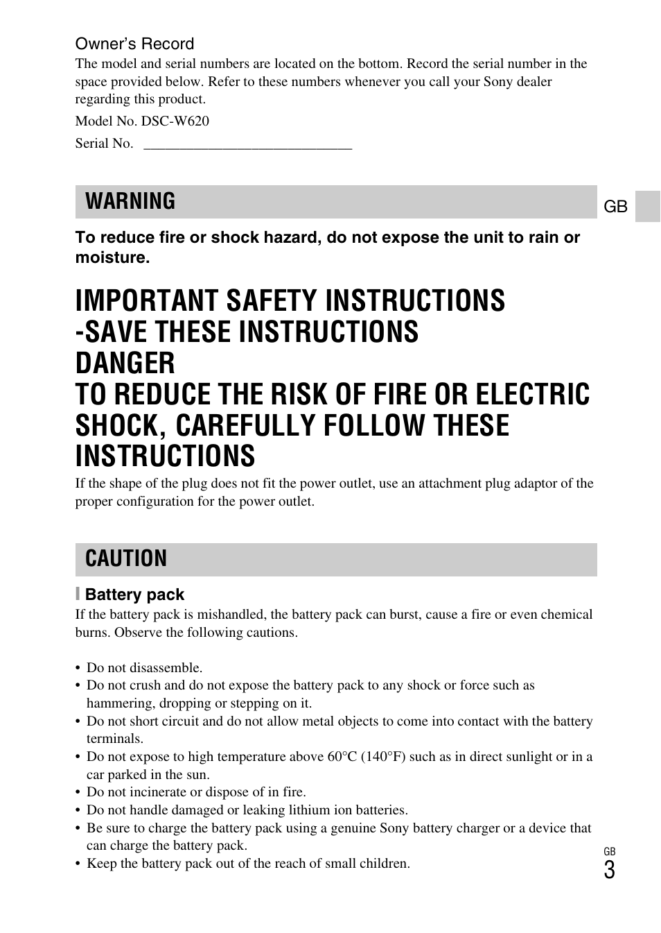 Warning caution | Sony DSC-W620 User Manual | Page 3 / 48