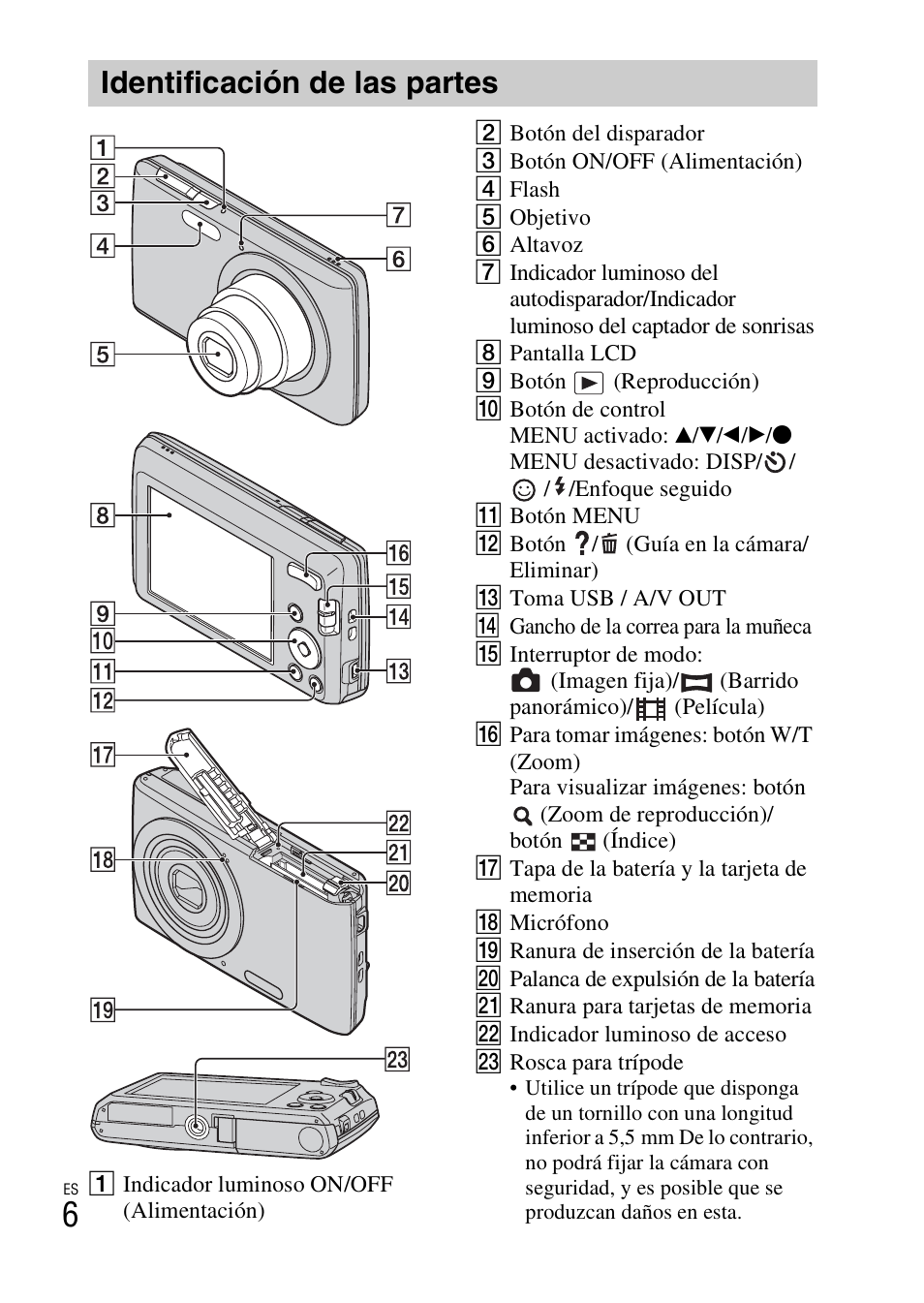 Identificación de las partes | Sony DSC-W620 User Manual | Page 30 / 48