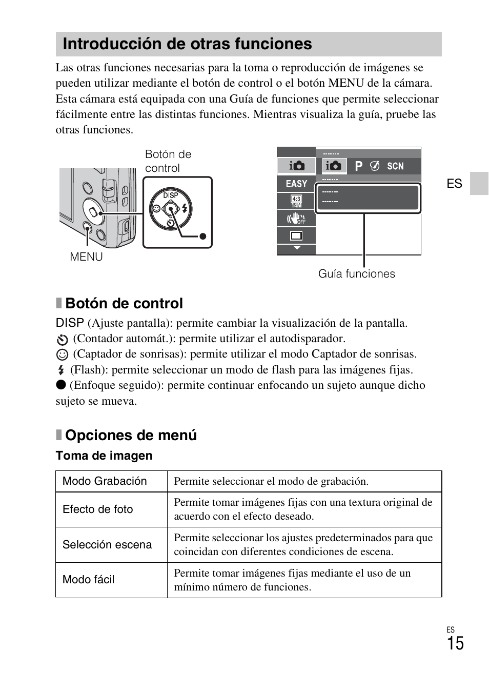 Introducción de otras funciones, Xbotón de control, Xopciones de menú | Sony DSC-W620 User Manual | Page 39 / 48