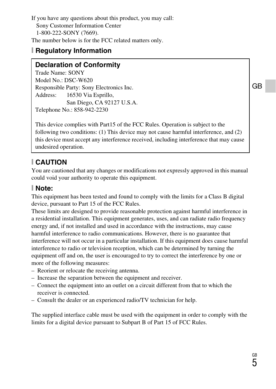 Sony DSC-W620 User Manual | Page 5 / 48