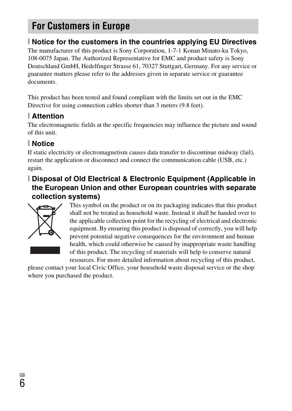 For customers in europe | Sony DSC-W620 User Manual | Page 6 / 48