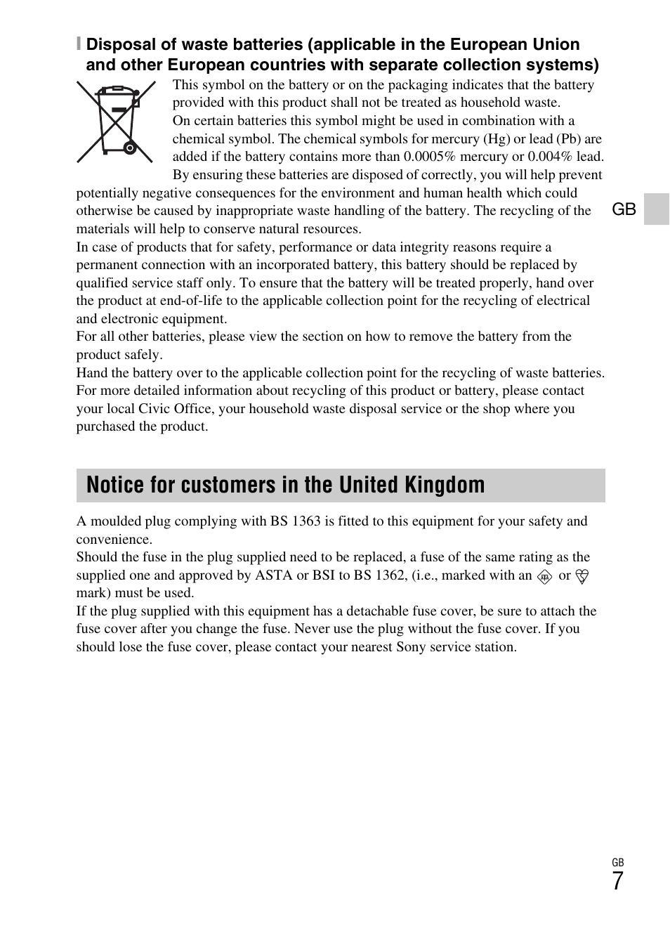 Notice for customers in the united kingdom | Sony DSC-W620 User Manual | Page 7 / 48