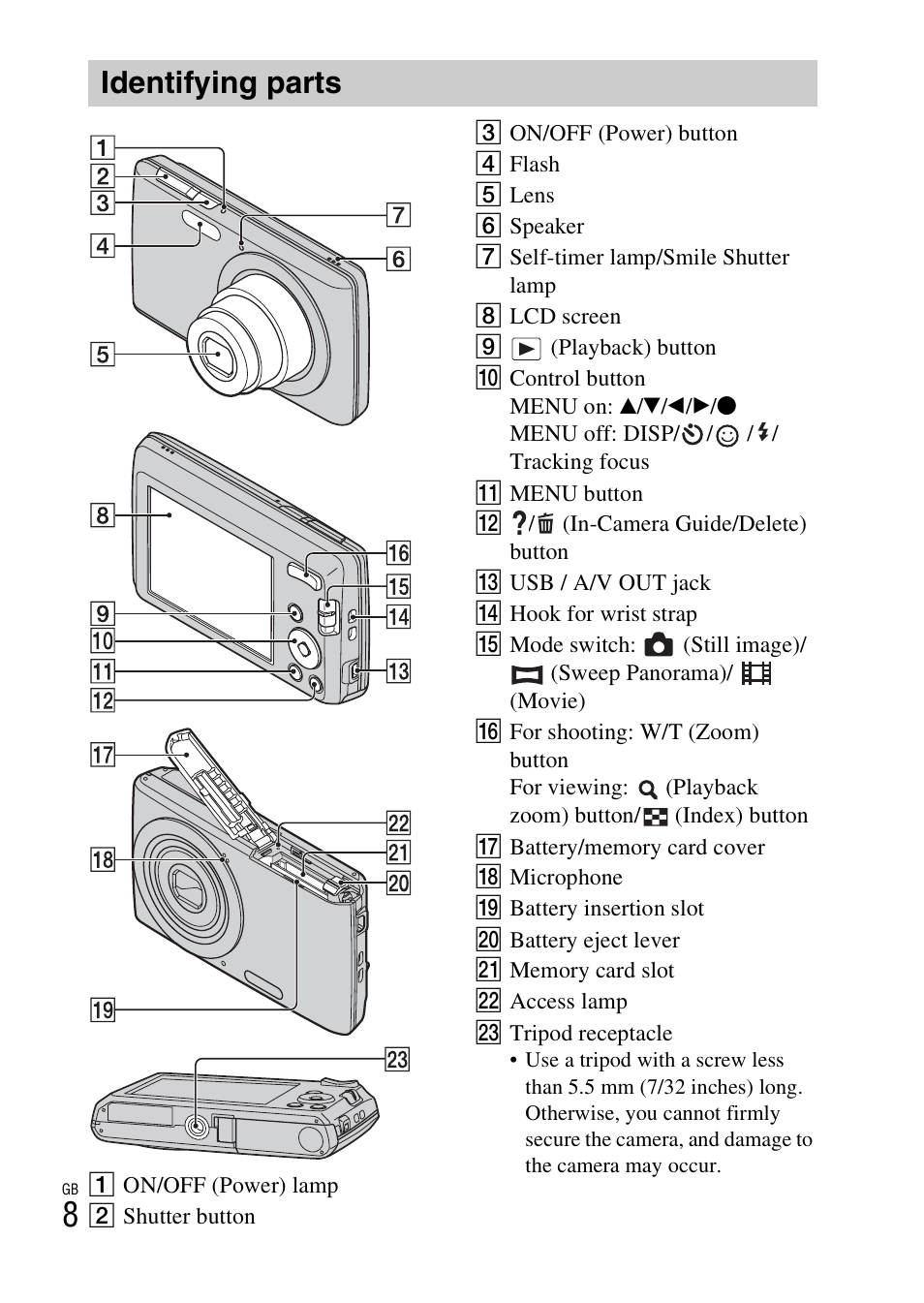 Identifying parts | Sony DSC-W620 User Manual | Page 8 / 48