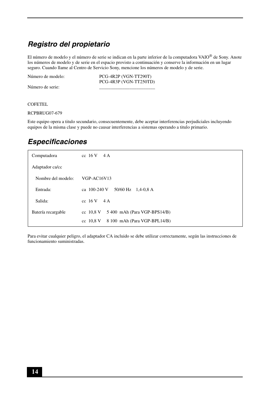 Registro del propietario, Especificaciones | Sony VGN-TT250N User Manual | Page 14 / 24