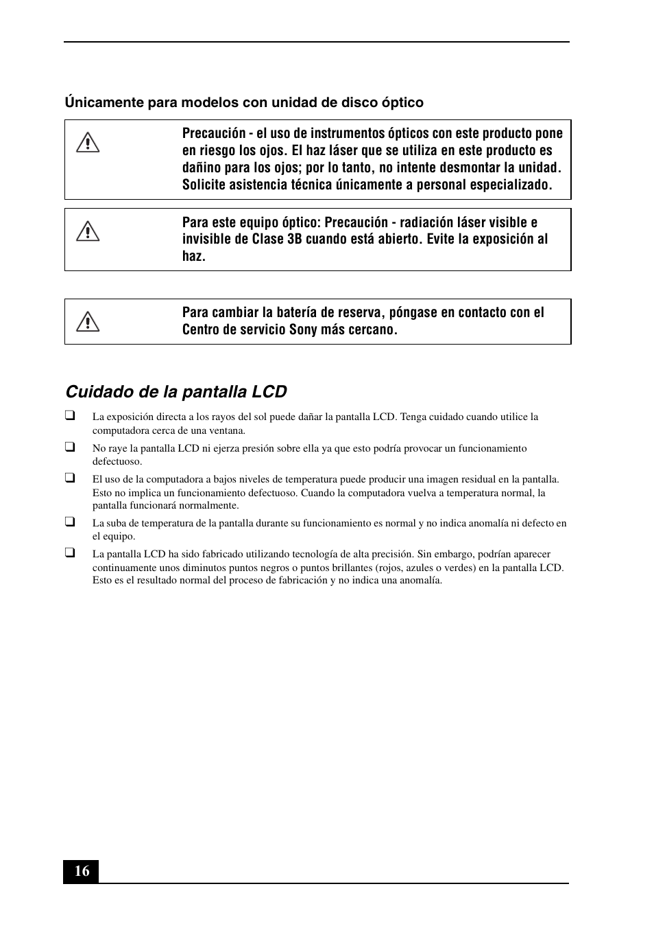 Cuidado de la pantalla lcd | Sony VGN-TT250N User Manual | Page 16 / 24