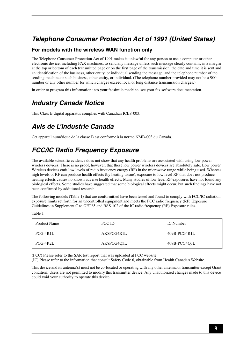 Industry canada notice, Avis de l’industrie canada, Fcc/ic radio frequency exposure | Sony VGN-TT250N User Manual | Page 9 / 24