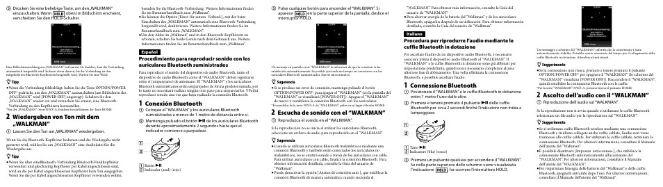 Wiedergeben von ton mit dem „walkman, Conexión bluetooth, Escucha de sonido con el “walkman | Connessione bluetooth, Ascolto dell’audio con il “walkman | Sony NWZ-S764 User Manual | Page 2 / 2