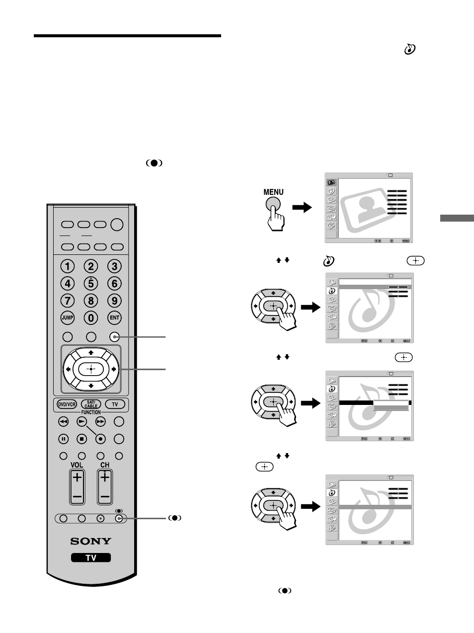 Selecting the effect mode, Watching the tv, Press menu | Press v/v to select (audio), then press, Press v/v to select “effect,” then press, Press v/v to select “trusurround,” then press, Press menu to exit the menu screen | Sony KLV-32M1 User Manual | Page 45 / 80