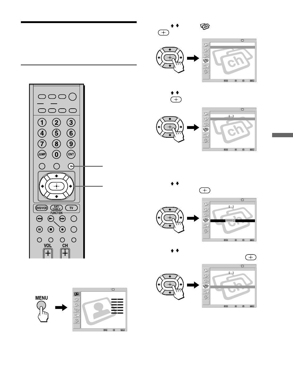 Using favorite channels, Setting your favorite channels, Watching the tv | Press menu, Press v/v to select (channel), then press, Press menu to exit the menu screen | Sony KLV-32M1 User Manual | Page 55 / 80