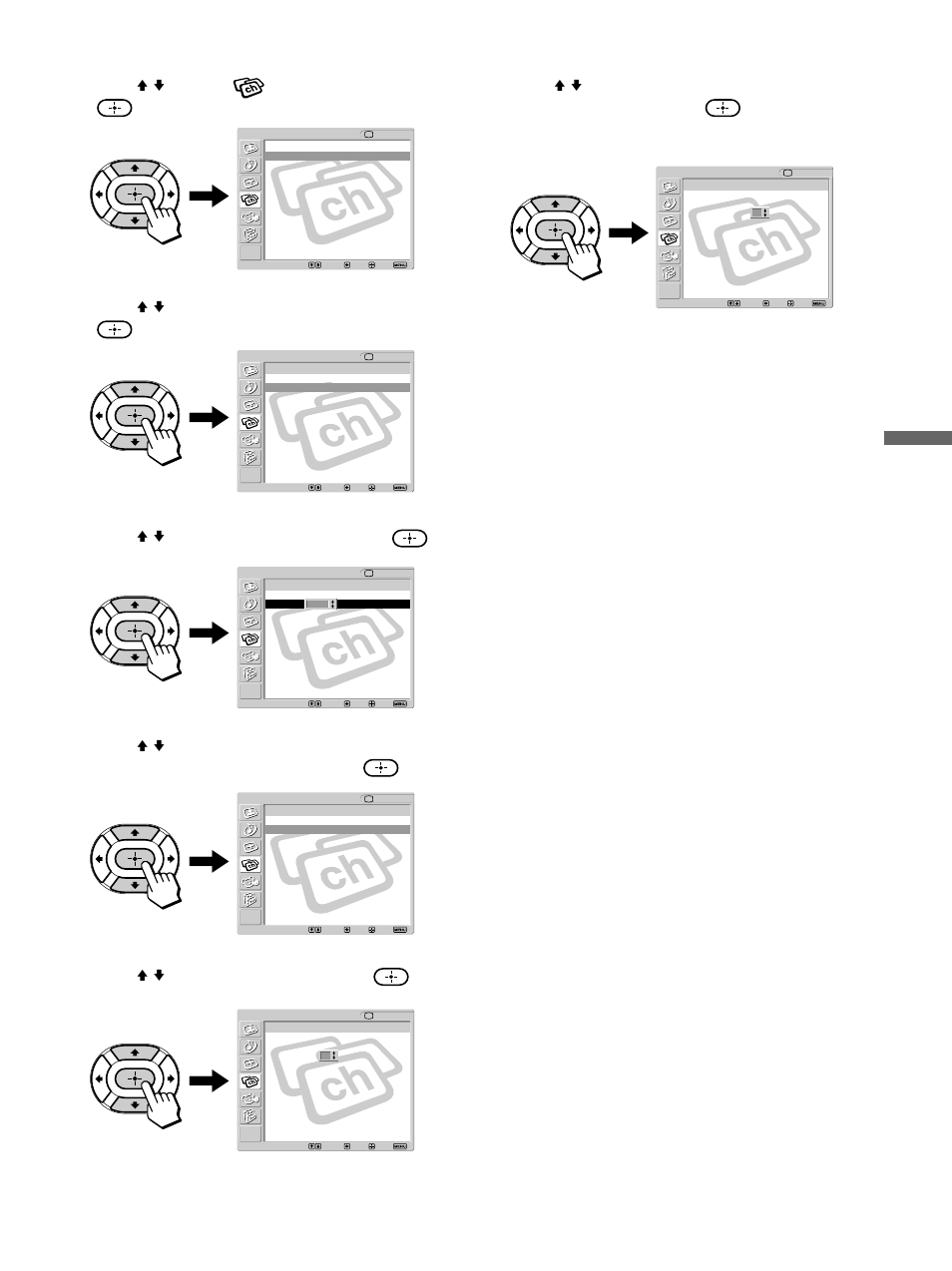 Watching the tv, Press v/v to select (channel), then press, Press v/v to select “channel label,” then press | Press v/v to select “channel,” then press, Press v/v to select “label,” then press, Press menu to exit the menu screen | Sony KLV-32M1 User Manual | Page 57 / 80