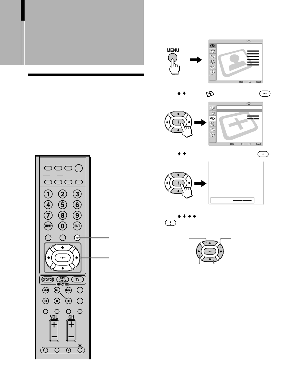 Using advanced features, Adjusting the picture position vertically, Adjusting the picture position | Vertically, Press v/v to select (screen), then press, Press v/v to select “v center,” then press, Press v/v/b/b to adjust the position, then press, Press menu to exit the menu screen | Sony KLV-32M1 User Manual | Page 58 / 80