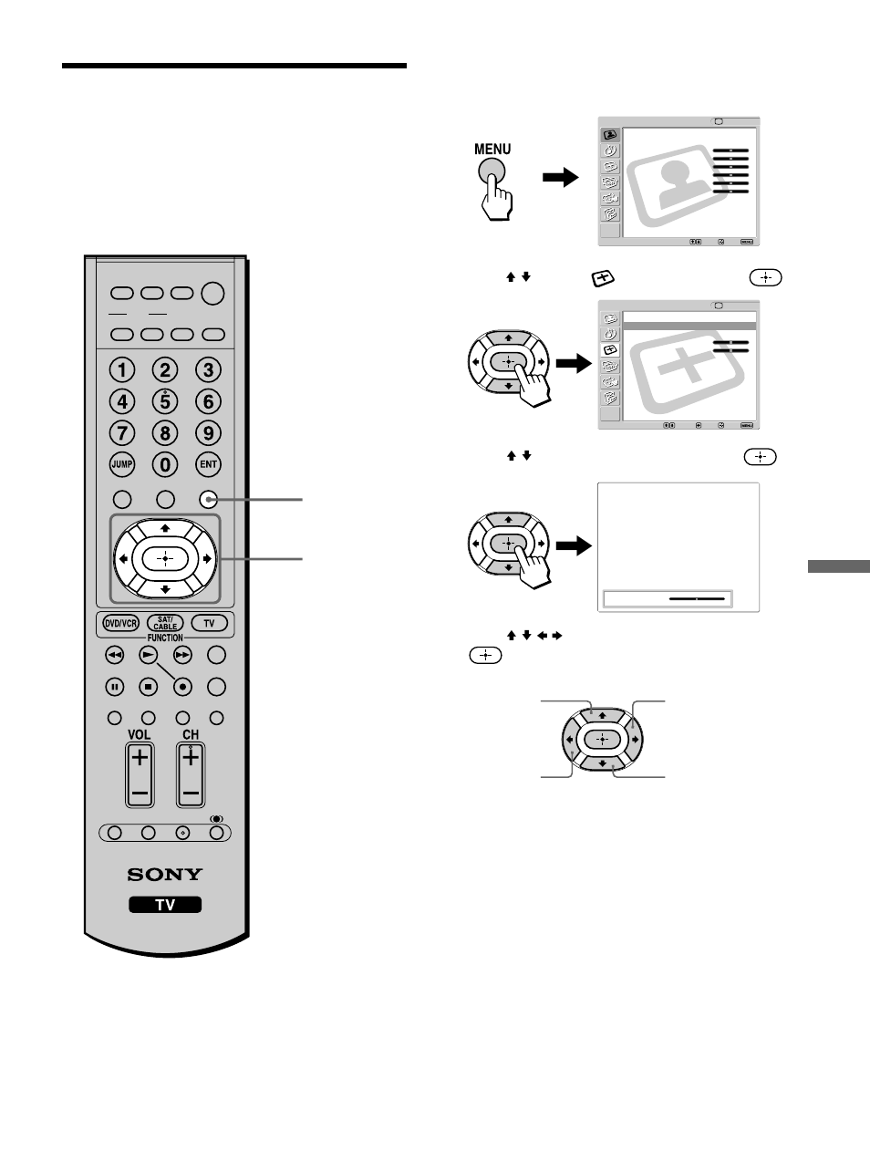 Adjusting the picture position horizontally, Adjusting the picture position, Horizontally | Using advanced features, Press v/v to select (screen), then press, Press v/v to select “h center,” then press, Press v/v/b/b to adjust the position, then press, Press menu to exit the menu screen, Tips | Sony KLV-32M1 User Manual | Page 59 / 80